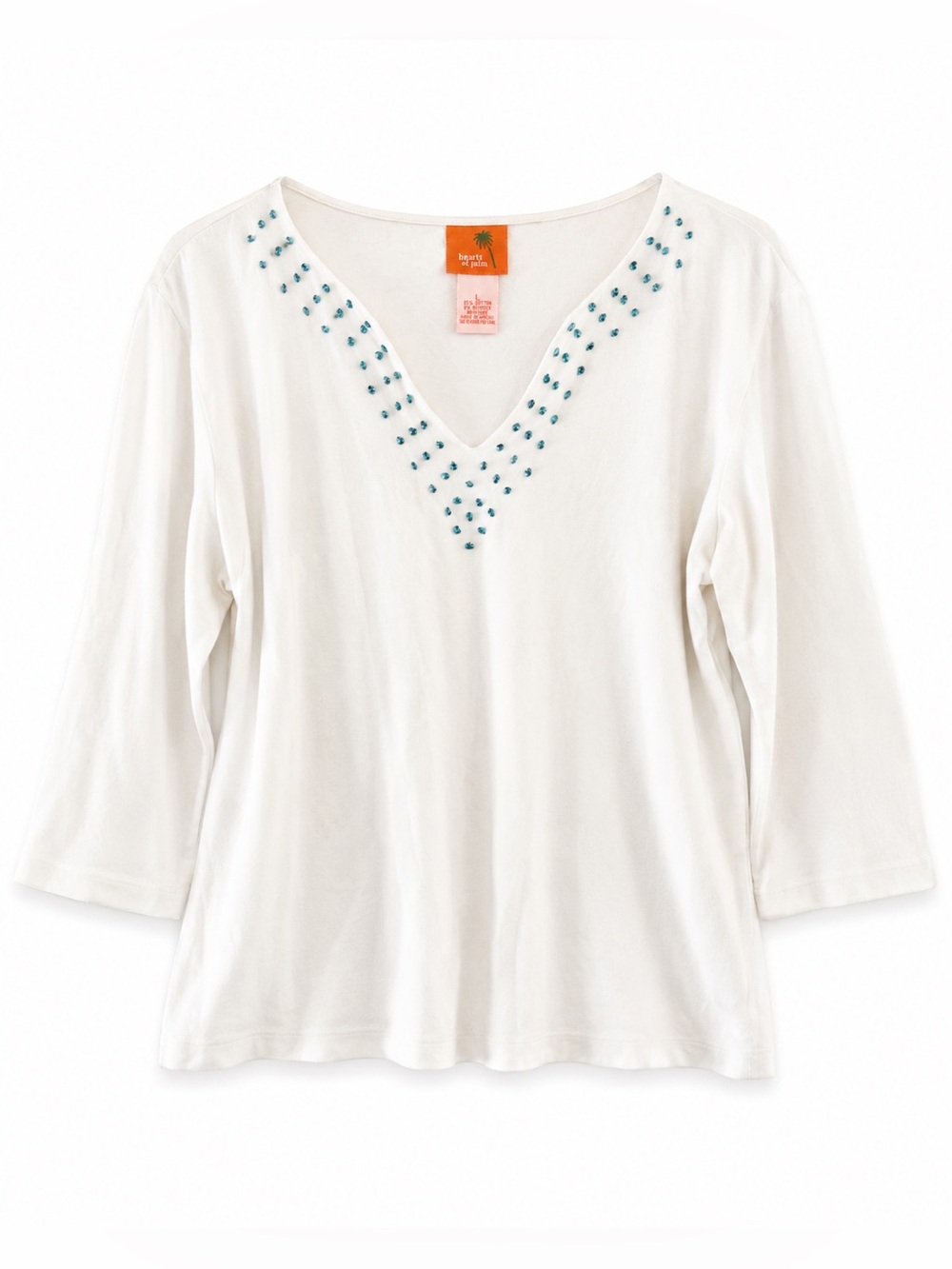 Hearts of Palm Beaded V Neck Top Ivory Boho 3/4 Sleeve Size L
